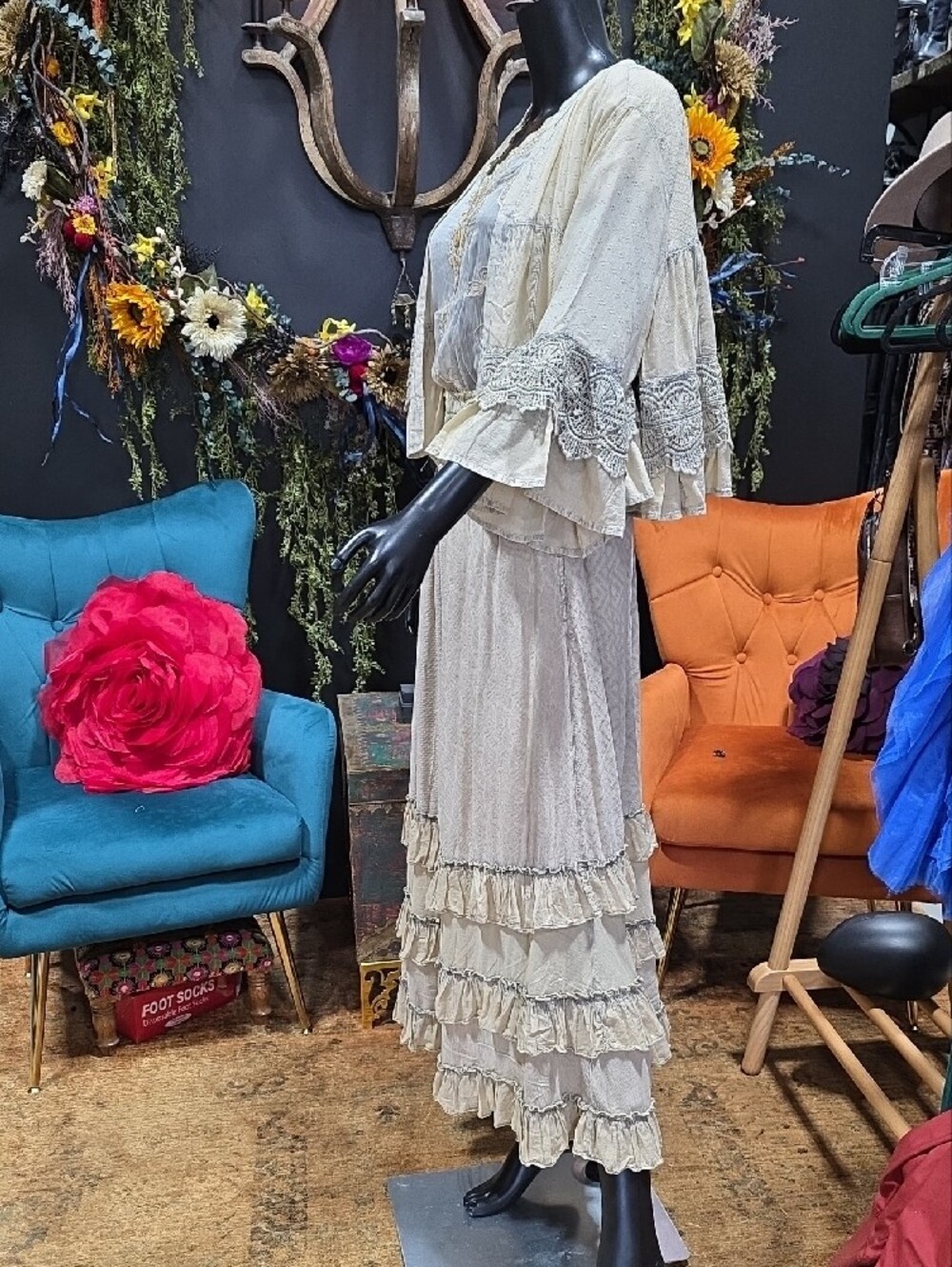 SOLD! Young Threads Latte Boho Cream Maxi Skirt with Layered Ruffles - Picture 7 of 10